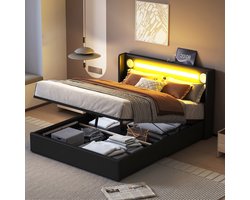 VVBV Hoogslaper 140x200 cm - Opbergruimte, LED-Verlichting, USB, Lattenbodem, Bluetooth/Luidsprekers - PU-leer Zwart/Blauw