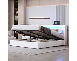 VVBV Hoogslaper 160x200 cm - Opbergruimte, LED-Verlichting, USB, Lattenbodem, Bluetooth/Luidsprekers - PU-leer Wit/Blauw