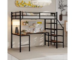 VVBV Hoogslaper met L-vormig Bureau en Grote Opbergruimte – Stabiel Bedframe met Trappen en Volledig Veiligheidsrek – Ideaal voor Kleine Ruimtes – Zwart