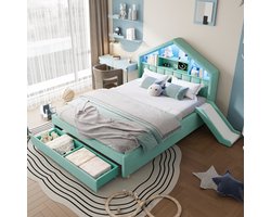 VVBV Kinderbed 140x200 cm - Hydraulische Opbergruimte, LED, Glijbaan, Stopcontact, Hoofdbord, Tot 220 kg - Blauw/Groen, Velvet