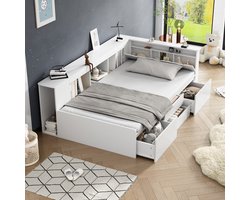 VVBV Kinderbed 90x200 cm met 4 Lades – Wit Eenpersoonsbed van MDF met Boekenkast en Opbergkasten – Bed met Veel Opbergruimte – Inclusief Lattenbodem