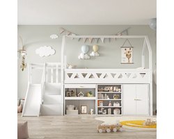 VVBV Kinderbed, Eenpersoonsbed, Multifunctioneel kinderbed, met glijbaan en trap, met laden en kluisje, met magnetische deur, zonder matras, massief hout, Wit, 90*200cm