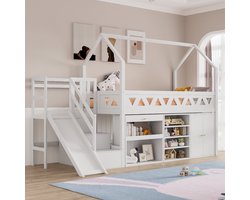 VVBV Kinderbed, Eenpersoonsbed, Multifunctioneel kinderbed, met glijbaan en trap, met laden en kluisje, met magnetische deur, zonder matras, massief hout, Wit, 90*200cm