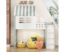 VVBV Kinderbed Huisbed 90x200 cm Groen met Opbergruimte, Veiligheidsladder & Lattenbodem - Massief Hout Halfhoogslaper