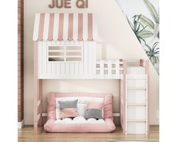VVBV Kinderbed Huisbed 90x200 cm Roze - Halfhoogslaper met Trap, Lattenbodem & Opbergruimte - Massief Hout - Voor Jongens & Meisjes
