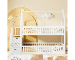 VVBV Kinderstapelbed Huisbed 90x200 cm met Voor Kinderen/Tieners, Huisdesign - Trap/Ladder, Lades - Massief Hout Wit
