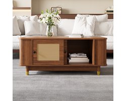 VVBV Koffietafel met Schuifdeuren, Opbergruimte - Rotanlook, Rond, Voor Woonkamer, Deuren - Hout/MDF