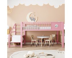 VVBV Laag Hoogslaper 90x200 cm met Opbergtrap, Voor Kinderen/Tieners - Opbergruimte - Metaal Roze