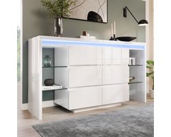 VVBV Ladekast 155x40x80 cm - App-Bediening, Opbergruimte, Glazen Deuren, LED-Verlichting - Wit, Hout