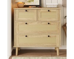 VVBV Ladekast met 4 rotan lades - Naturel dressoir 80x40x80 cm, opbergkast met massief houten poten