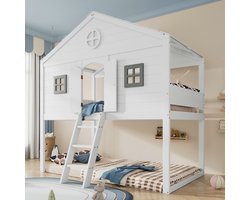 VVBV Learnlogic Huisbed, met trap, met valbeveiliging en leuning, twee grijze ramen, kinderbed met raam, vrij ontworpen basis, grenen frame, grenen + MDF, wit + grijs, 90x200cm