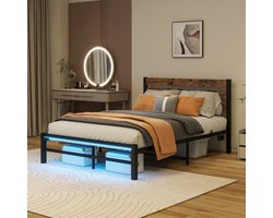 VVBV Metalen Bedframe 120x200 cm met LED-Verlichting & USB-Oplaadstation - Hoofdbord, Opbergruimte & Lattenbodem - Industrieel