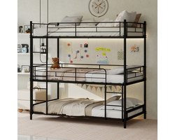 VVBV Metalen Driepersoons Stapelbed 90x190 cm - Eenpersoonsbed voor 3 Personen met Ladder en Uitvalbeveiliging - Zwart