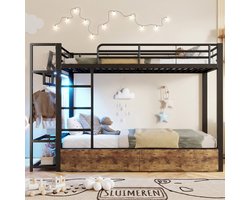 VVBV Metalen Stapelbed 90x200 cm met LED-Verlichting, Planken - Voor Hal/Entree, 2 Lades - Metaal Zwart - Zonder Matras