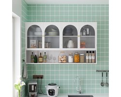 VVBV Opbergkast 120x23x70 cm - Wandmontage, 4 Glazen Deuren, Grijs Glas - Wit, Metaal, Glas