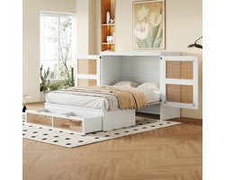 VVBV Opklapbed - 140 x 200 cm - Opbergkast - 2 lades - Rieten ontwerp - Wit