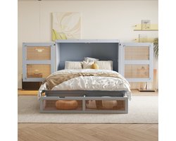 VVBV Opklapbed 140x200 cm, Ruimtebesparend Kastbed met Lattenbodem en Lades, Verticaal Bedkast, Rotan Design Houten Bed, Grijs