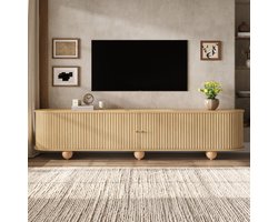 VVBV Retro TV-Meubel 180 cm - Naturel Lowboard met Geribbelde Schuifdeuren, Bolpoten, Kabelmanagement, MDF, TV-Kast, Dressoir