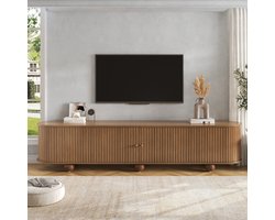 VVBV Retro TV-Meubel 180 cm - Walnoot Lowboard met Geribbelde Schuifdeuren, Metalen Bolpoten, Kabelmanagement, MDF, Dressoir