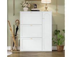 VVBV Schoenenkast 90x25x114 cm - Smal Ontwerp, Opbergruimte, Met Lades, Ruimtebesparend - Wit, Spaanplaat