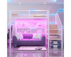 VVBV Stapelbed met Opbergruimte 90x200 cm - LED-Verlichting, App-bediening, Kledingkast, Trap/Ladder - Metaal Zwart/Wit