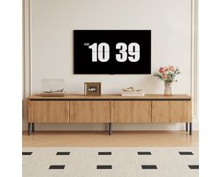VVBV TV-Meubel 180 cm - Naturel Lowboard met 4 Gegolfde Deuren, 2 Kabelopeningen, Zwarte Metalen Poten, Opbergruimte