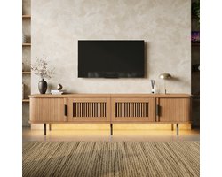 VVBV TV-Meubel 180 cm - Naturel Lowboard met App-LED, Afgeronde Hoeken, Schuifdeuren, Lades, Kabelmanagement, Metalen Poten