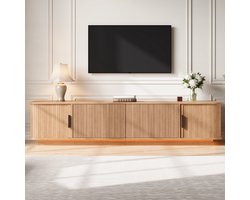 VVBV TV-Meubel 180 cm - Naturel Lowboard met LED, Afgeronde Hoeken, 2 Schuifdeuren, 2 Lades, Kabelmanagement, MDF, Dressoir