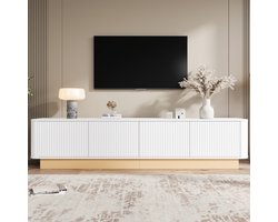 VVBV TV-meubel 200 cm wit – geribbeld lowboard met 4 deuren, verstelbare planken, kabeldoorvoer en afgeronde hoeken