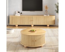 VVBV TV-Meubelset - 180 x 35 x 45 cm, Naturel, Schuifdeuren, Reliëffronten, met Salontafel, MDF & Metaal, Opbergruimte