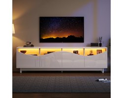 VVBV Wit Hoogglans Gebogen TV-Meubel 175×38×51 cm – MDF & Gehard Glas – LED Verlichting 60.000 Kleuren – Modern & Elegant– Kabelmanagement – Stevig & Waterbestendig – TV Kast voor Woonkamer & Slaapkamer