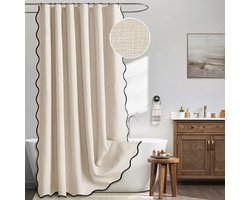 Waaiervormig Linnen Look Douchegordijn Crème/Beige 180x200cm - Met Zwarte Rand, Waterdicht & Wasbaar-Belle's product