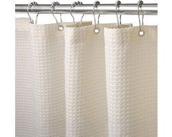 Wafeldouchegordijn met metalen ringen, anti-schimmel, zwaar badgordijn voor badkuip, douchecabine, verzwaarde zoom - 180x180 cm (Ivoorwit)