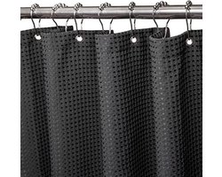 Wafelstof-douchegordijn met metalen douchegordijnringen, stof, textiel, badgordijn, anti-schimmel, badgordijnset waterdicht, zwaar douchegordijn, voor badkamer, 182 x 214 cm