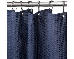 Wafelstof-douchegordijn met metalen douchegordijnringen, stof, textiel, badgordijn, anti-schimmel, badgordijnset waterdicht, zwaar douchegordijn, voor badkamer met 8 haken, 120 x 200 cm. (marineblauw)