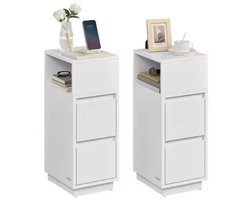 Waldorf® Nachtkastjes Set van 2 – Smalle Witte Nachtkast met 2 Lades & Open Vakken – Bedkastjes 65 cm Hoog – Moderne Slaapkamermeubels met Opbergruimte
