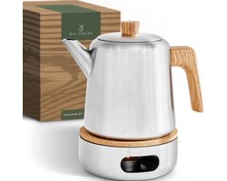 WALDWERK Theepot met warmhouder (1.1L) - theepot met filter gemaakt van roestvrij 304 roestvrij staal - theepot roestvrij staal met eikengreep - 100% druppelvrij - theekan met zeefverwijderbaar