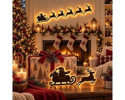 Wall-Mounted Decorative Light – 7 stuks - Light-Up Christmas Reindeer and Santa – Wall Decor – Button Battery Operated – LED Reindeer Decoration – Illuminated Christmas Wall Art – New Year's Gift – Christmas Decorative Light – 15x20cm – Walnut Finish