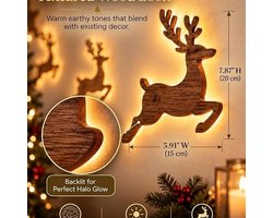 Wall-Mounted Decorative Light – 7 stuks - Light-Up Christmas Reindeer – Wall Decor – Button Battery Operated – LED Reindeer Decoration – Illuminated Christmas Wall Art – New Year's Gift – Christmas Decorative Light – 15 x 20 cm – Walnut Finish