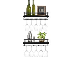 Wall Mounted Wine Rack Set of 2 - Wooden Shelf - Rustic Bottle Glass Floating Shelves - Glassware Hanger - Modern Plants Pictures Display Storage Holder - Kitchen Dining Bar - Zwart - 43 x 15 x 1.8cm