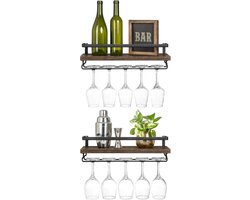 Wall Mounted Wine Shelves Set of 2 - Wooden Rustic Wine Bottle Glass Floating Racks - Glassware Hanger - Modern Plants Pictures Display - Storage Holder for Kitchen Dining Bar