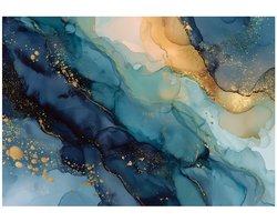 WALLARENA - Behang 150x105 cm - Fotobehang - Vliesbehang - blauw marmer met gouden accenten - voor slaapkamer en woonkamer - halfmatte afwerking - blauw en goud