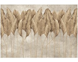 WALLARENA - Fotobehang - 350x250 cm - 3D bladeren en veren op beton voor slaapkamer en woonkamer
