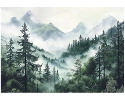 WALLARENA - Fotobehang - 350x250 cm - Fototapete van een bos in de mist met bomen en bergen, geschikt voor slaapkamer en salon, vliesbehang