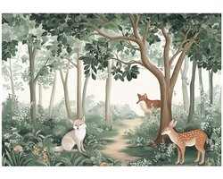 WALLARENA - Fotobehang - 400x280 cm - Fototapete voor kinderen met een bos, dieren, bomen en herten van vliesbehang