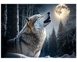 WALLARENA - Fotobehang - 400x280 cm - Wolf in het bos met de maan voor slaapkamer en woonkamer