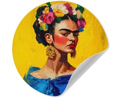 WallCircle® - Behangcirkel 140x140 cm - Muurstickers Frida Kahlo - Vrouw - Geel - Blauw - Bloemen - Muurcirkel woonkamer - Wandcirkel slaapkamer - Kamer decoratie zelfklevend - Muurdecoratie accessoires