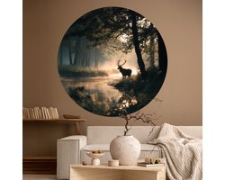 WallCircle® - Behangcirkel 140x140 cm - Muurstickers Hert - Bosbeek - Mystiek - Muurcirkel woonkamer - Wandcirkel slaapkamer - Kamer decoratie zelfklevend - Muurdecoratie accessoires
