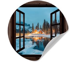 WallCircle® - Behangcirkel 30x30 cm - Muurstickers Doorkijk - Winter - Landschap - Natuur - Huis - Bergen - Muurcirkel woonkamer - Wandcirkel slaapkamer - Kamer decoratie zelfklevend - Muurdecoratie accessoires