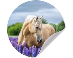 WallCircle® - Behangcirkel 30x30 cm - Muurstickers Paard - Bloemen - Paars - Muurcirkel woonkamer - Wandcirkel slaapkamer - Kamer decoratie zelfklevend - Muurdecoratie accessoires